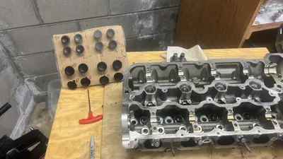 Head valves out, cleaned, and ready for valve-seal replacement.