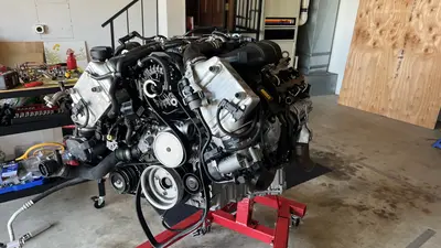 Stand-side view of the dressed engine — ready for the hoist.