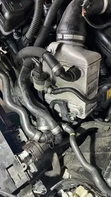Oil cooler / heat-exchanger nest in the bay — BMW/Behr unit still plumbed, documenting as-found.