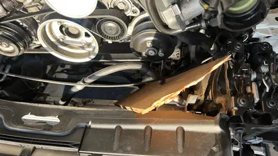 Front bay view after drop-in — intercooler / cooler fins visible below.