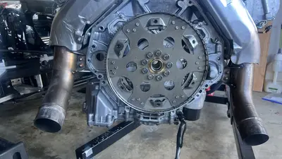 Front harmonic balancer / crank pulley close-up after stretch-torque install.